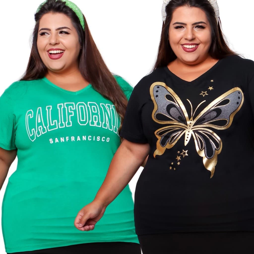 KIT 2 Blusas Feminina Pluz Size Camiseta Gola V Tecido Viscolycra Confortável Estampas Estilosa