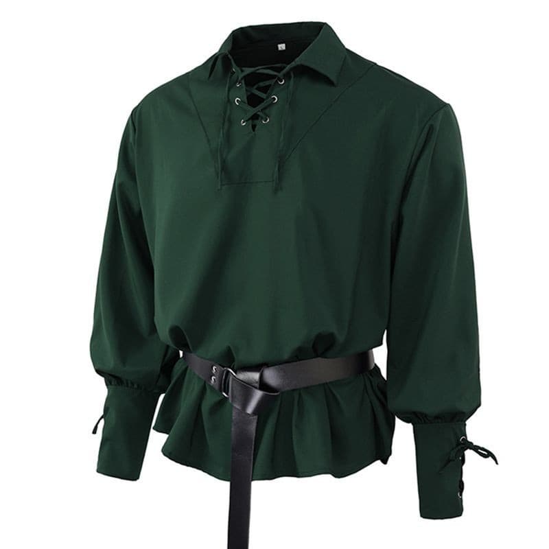 Roupas masculinas retrô Drama Medieval Performance de palco Top cor sólida punhos soltos gravata corda camisa masculina
