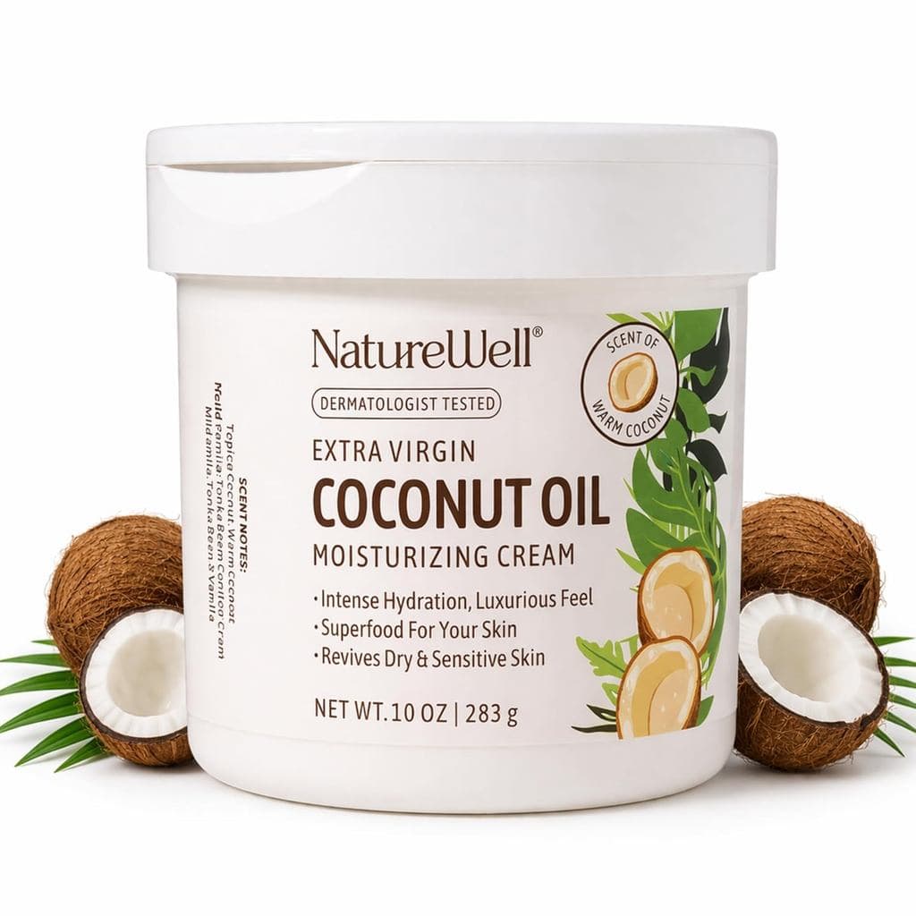 NATURE WELL Creme Hidratante de Óleo de Coco para Pele Seca – Loção de Hidratação Profunda para Rosto, Corpo e Mãos, Cui