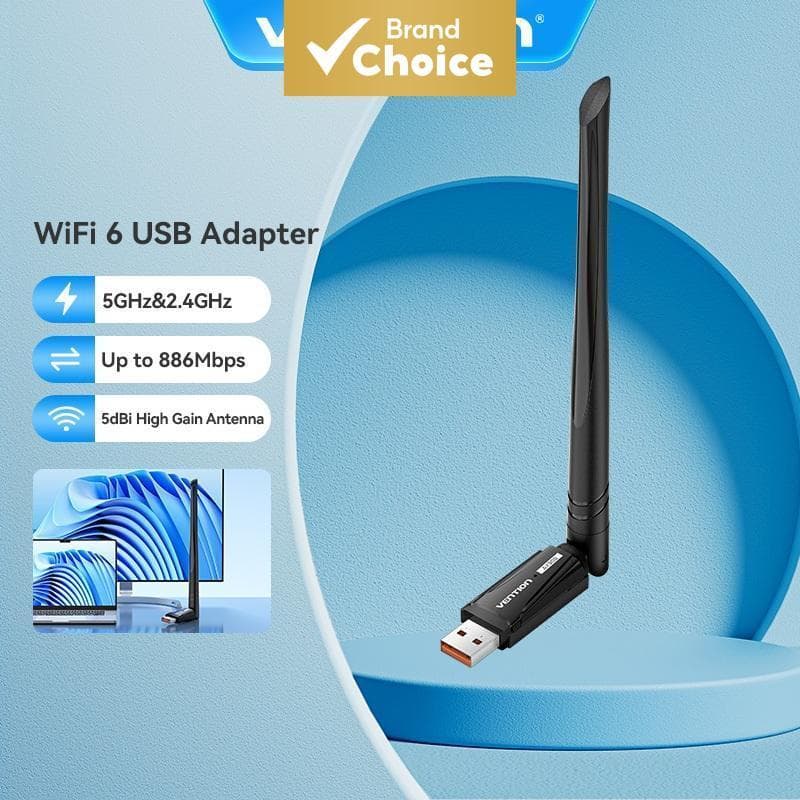 Adaptador USB WiFi 6 Banda Dupla Vention 600Mbps, Placa de Rede Sem Fio para PC, Transmissor de Áudio Bluetooth