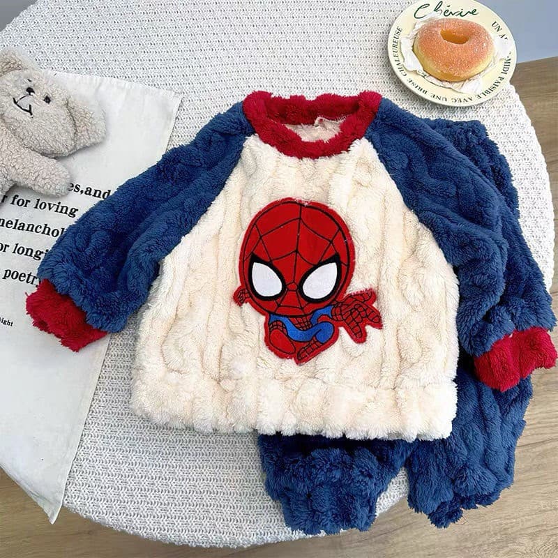 Conjunto de Pijama Infantil de Veludo Coral para Meninos com Estampas de Desenhos Animados - Roupa de Dormir Infantil da