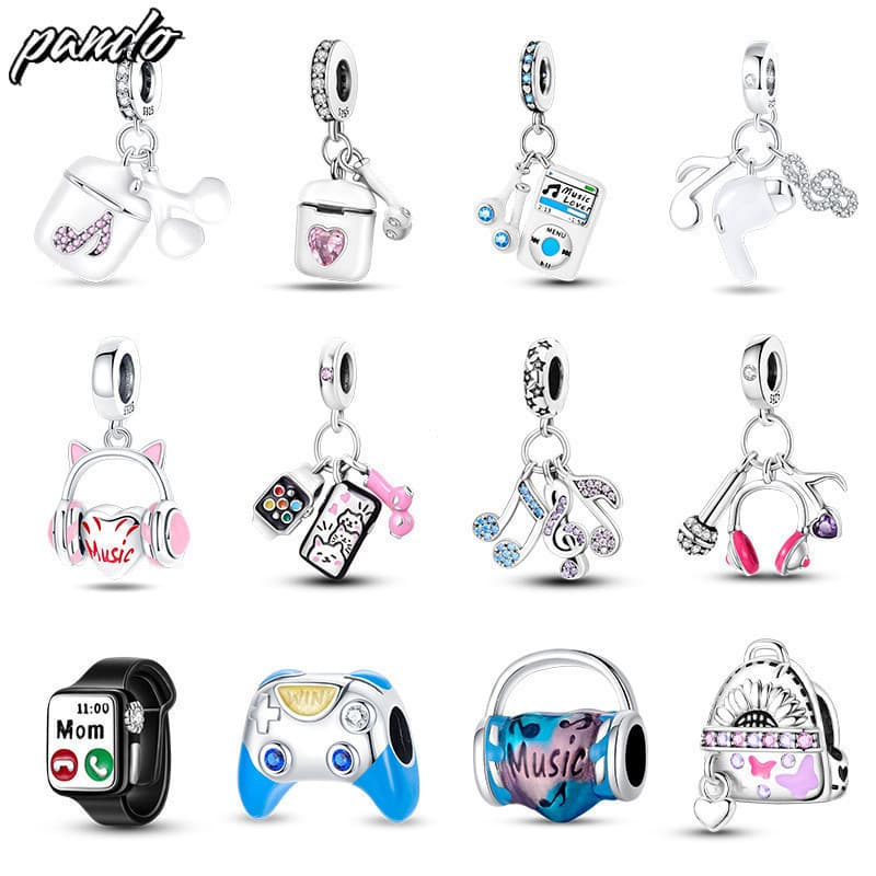Berloque de prata 925, charm original de fone de ouvido musical, contas de moda para pulseira, compatível com joias DIY