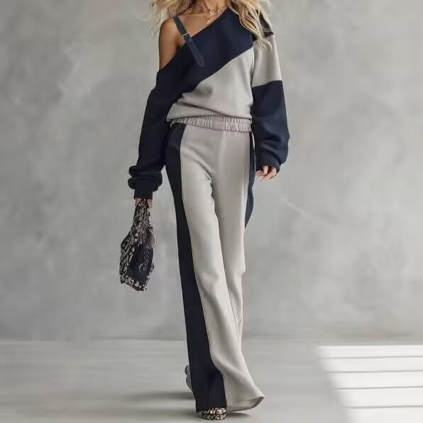 Outono inverno novo estilo Diagonal ombro cor combinando moletom Casual largo-