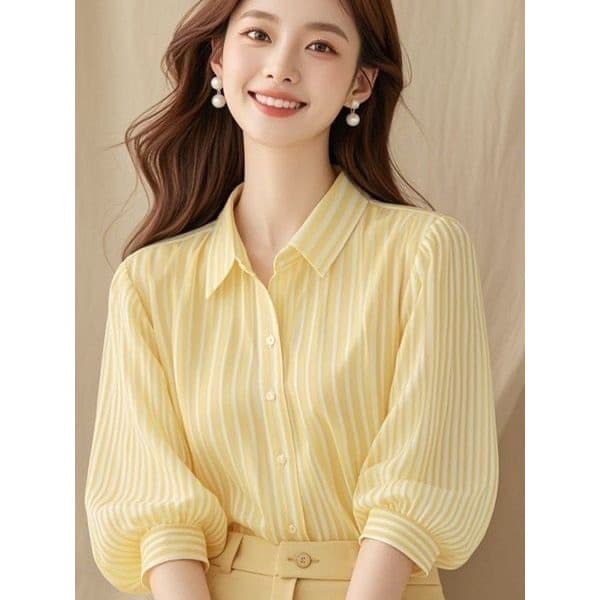 Camisa listrada com gola POLO francesa feminina 2025 verão novo estilo elegante All-Match linda manga lanterna Commuter