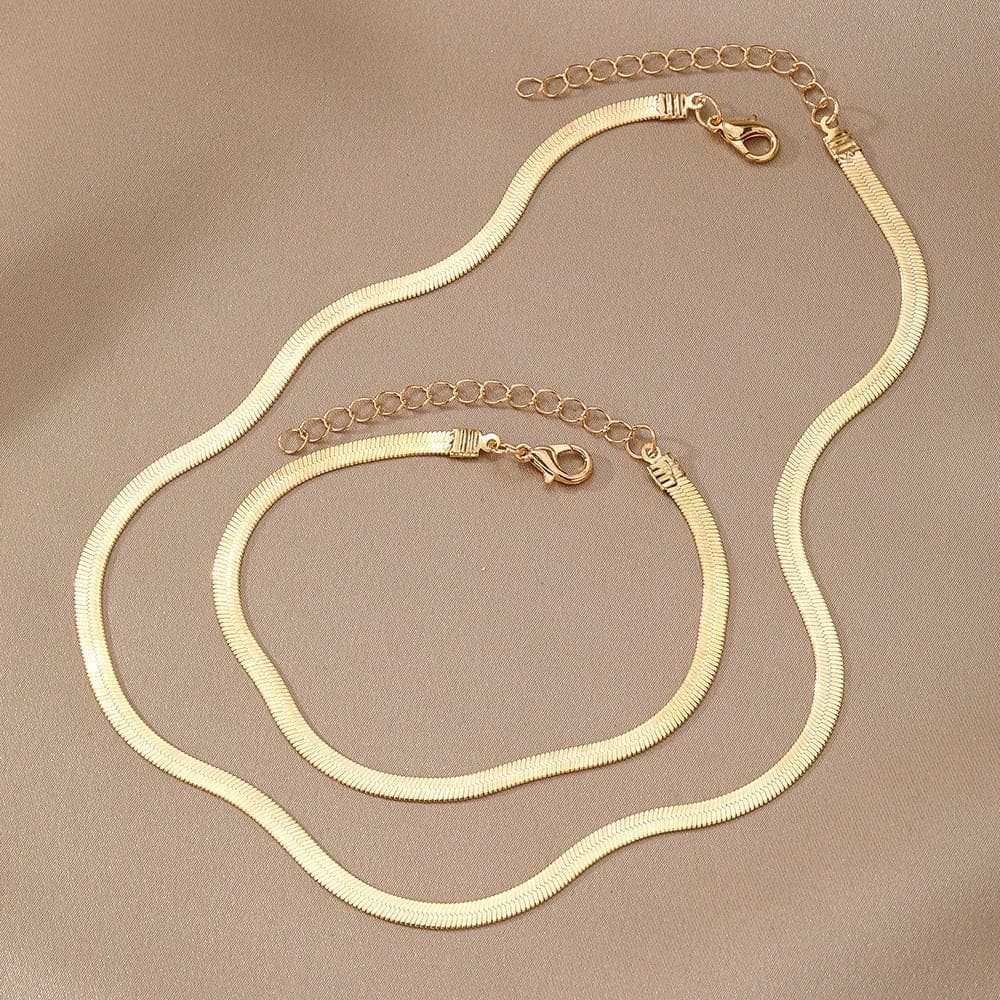 Conjunto Gargantilha e Pulseira Corrente Laminada banhado a ouro aço Inoxidável Corrente Fio Liso Ajustavel