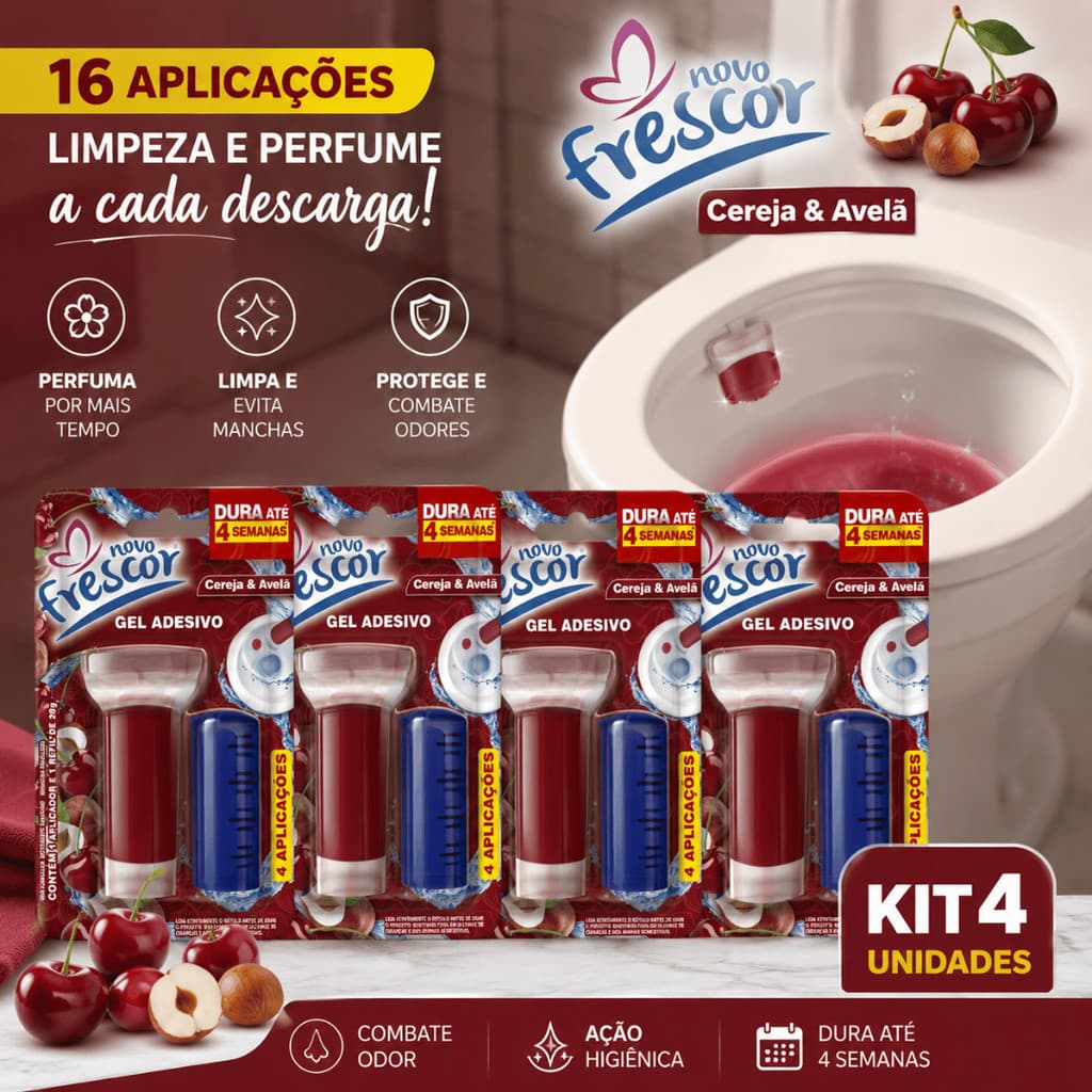 16 Aplicações | Kit 4 Gel Sanitário para Vaso | Aplicador Incluso | Limpeza Perfumada Cereja & Avelã