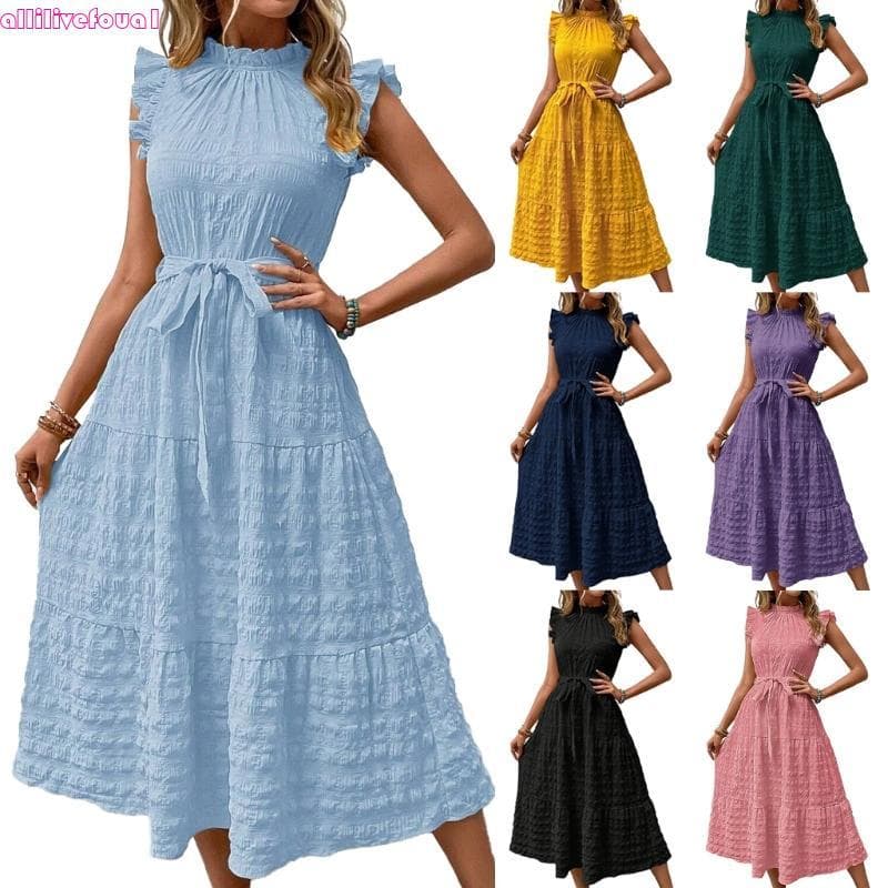 allilivefoua1 Vestido Feminino Casual Curta Elástica E Cintura Camadas