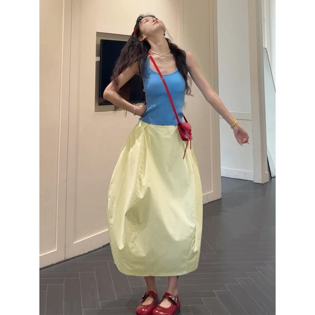 Escapando princesa vestido amarelo 2026 novo estilo malhas saia superior cintura alta mais magro olhar de duas peças fem