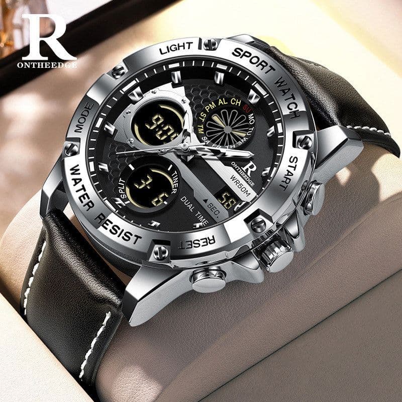 Ruizhiyuan Cross-Border novo estilo duplo Display relógio de couro genuíno masculino estudante na moda à prova dwaterpro