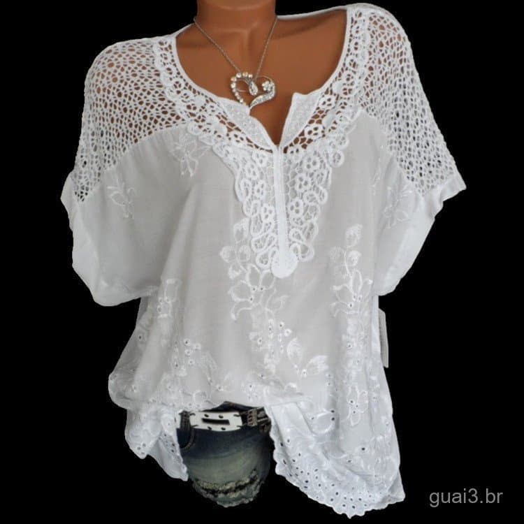 Camisa Feminina de Verão Plus Size Solta Branca com Renda e Patchwork, Blusas 5XL 6XL Manga Curta 2023, Roupas Casuais