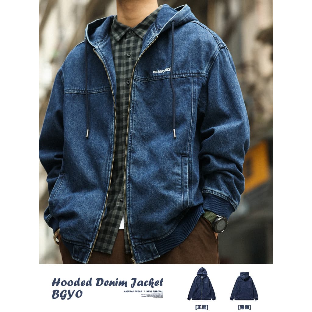 BGYO Luqi Jaqueta jeans americana Casual com capuz masculina solta jeans lavada com zíper pesado jaqueta Cargo