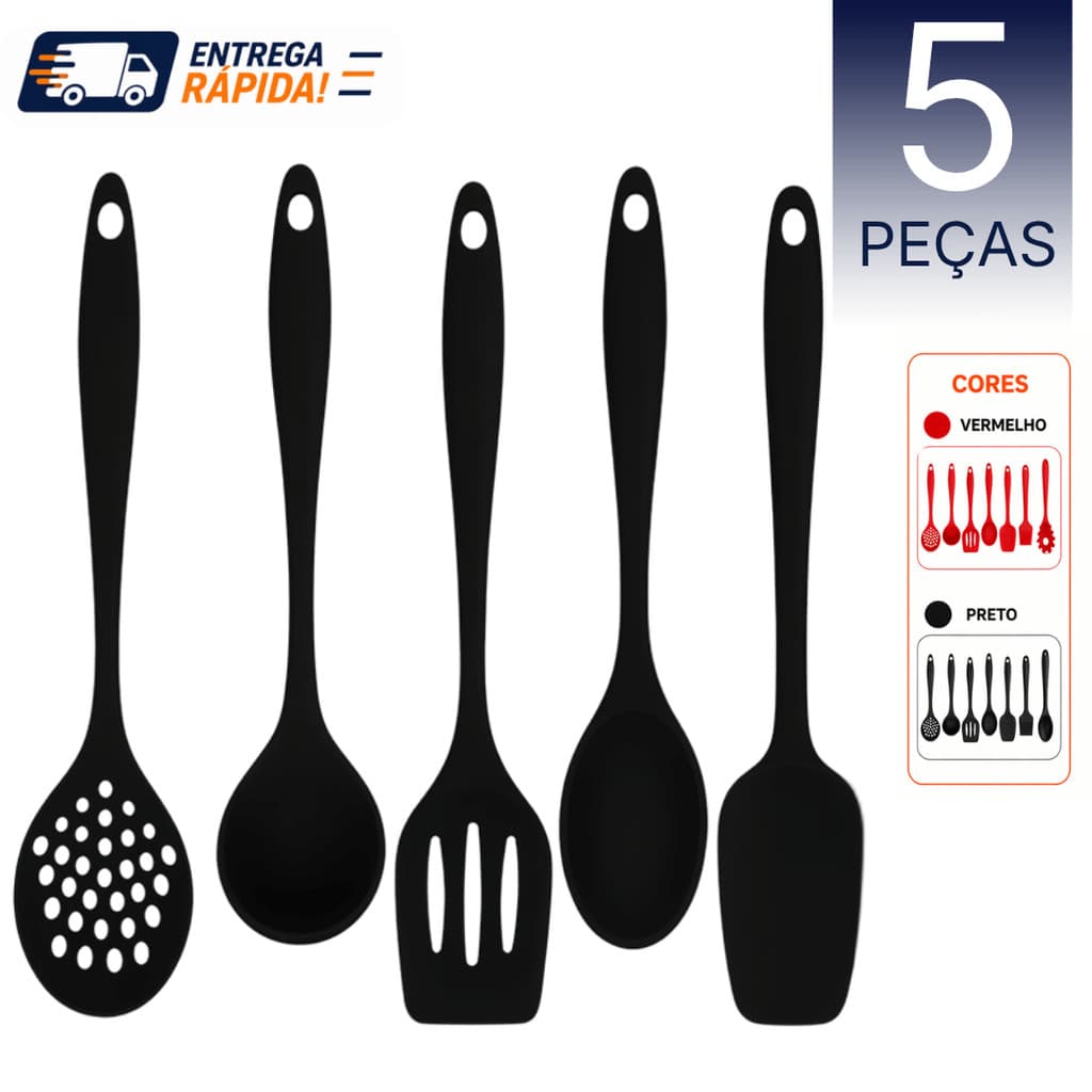 Kit Utensílios Silicone 5 Peças Cozinha Espátula Colher Arroz Concha Feijão Espátula Vazada Antiaderente