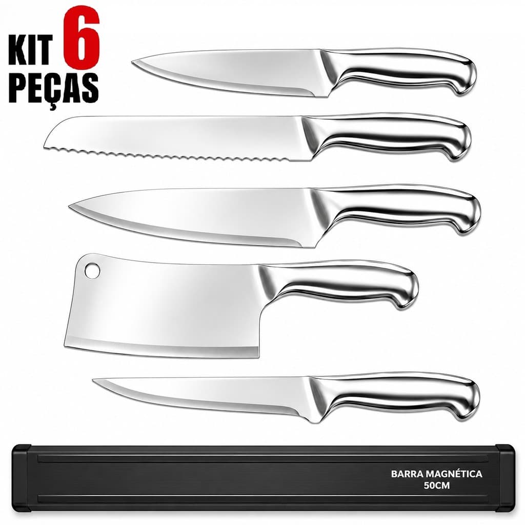 Faqueiro 6 unid Peixeira de 6'' e 7" Desossar 6" Faca de pão 8", Cutelo 6" em Inox,barra magnética 50cm