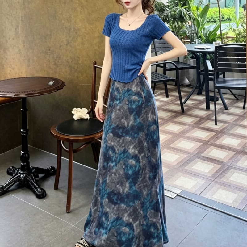 Verão combinando um conjunto completo tamanho grande azul malha superior saia Floral coreano único lindo terno feminino