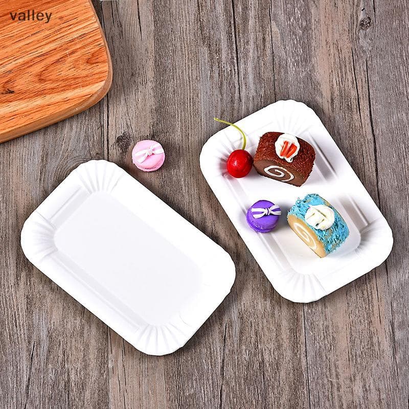 [VLY] 50/100pcs Bandeja Retangular Para Bolo Prato De Papel Branco Jantar Descartável [BR]