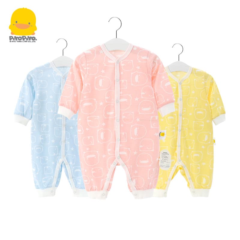 Macacão de bebê patinho amarelo de manga comprida algodão puro primavera verão roupas de ar condicionado masculino femin