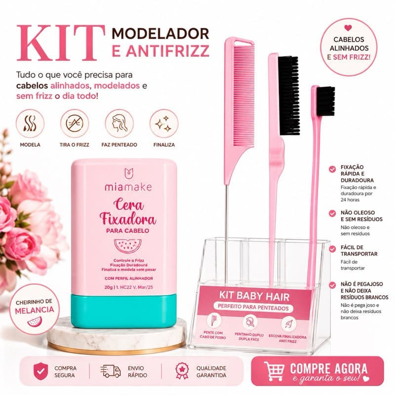 Kit Poderoso Cera em Bastão e Pentes para Baby Hair Penteados Impecáveis Profissional MiaMake 20g Modelador Anti Frizz