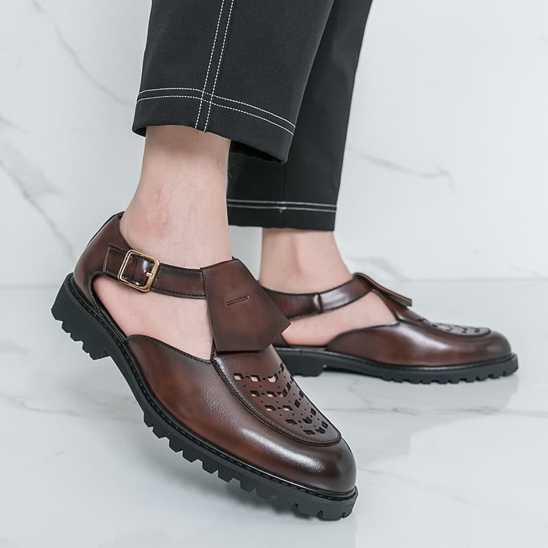 Sandálias masculinas versão coreana britânica sapatos de couro oco fivela negócios sapatos de couro casuais respirável T