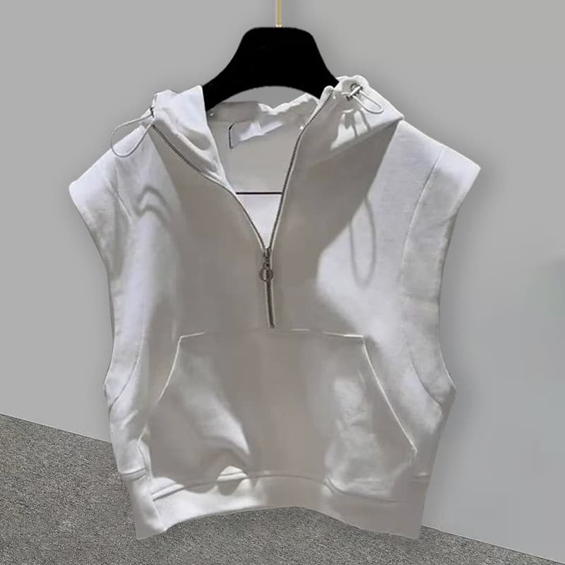 H meio zíper com capuz sem mangas camiseta masculina verão versão coreana na moda rufião bonito cor sólida Casual solto