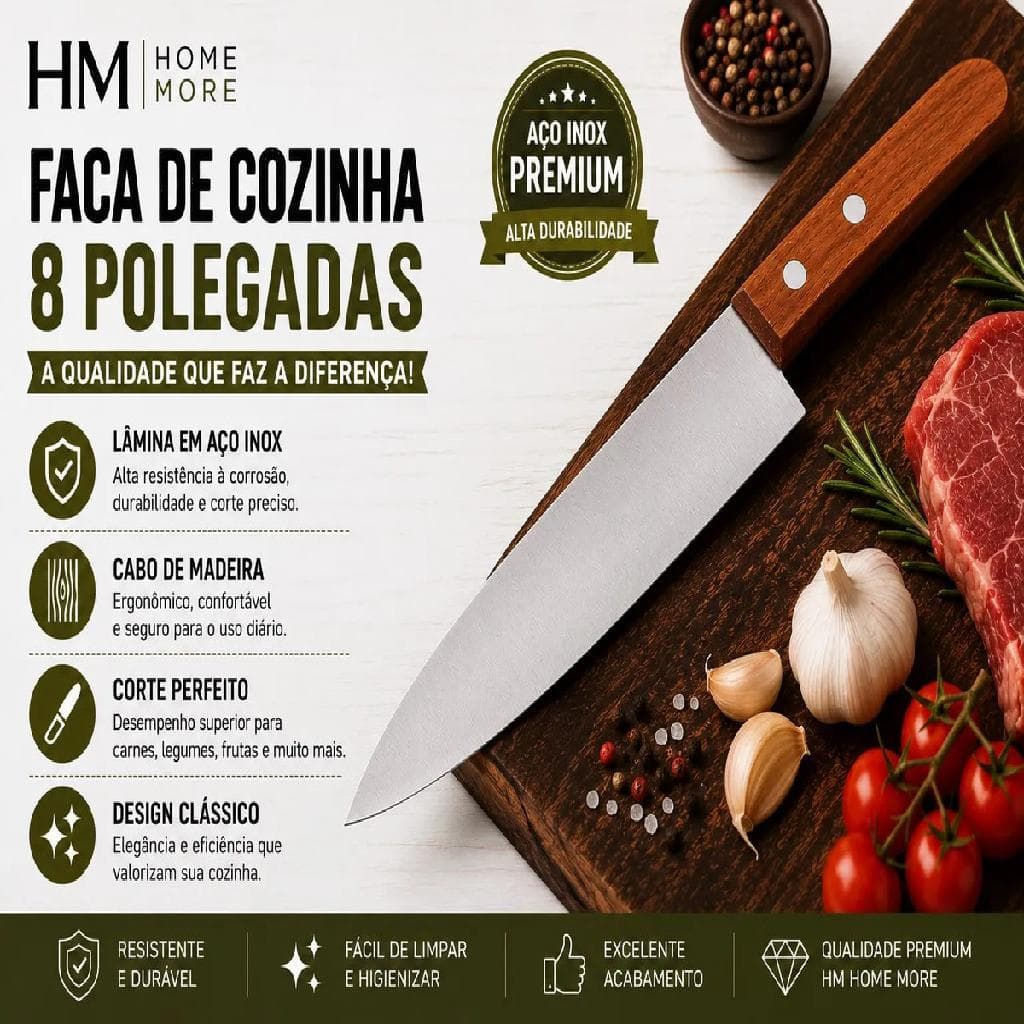 Faca Cozinha 8 Pol. 32,5 Cm Home More Aço Inox Cabo Madeira