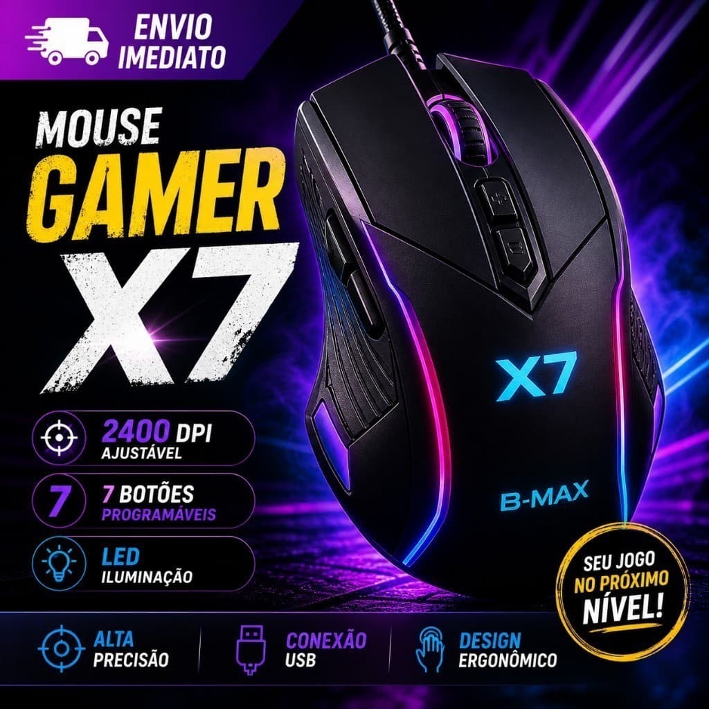 Mouse Gamer X7 2400 DPI 7 Botões USB com LED Alta Precisão para Jogos e PC