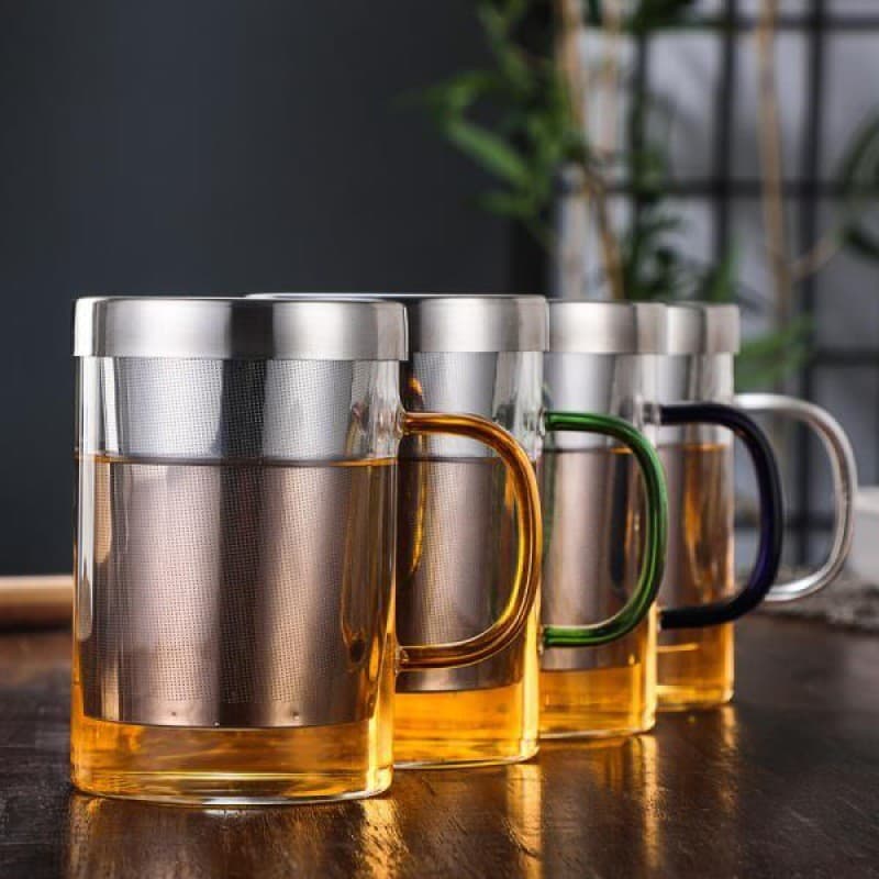 Xícara de chá de vidro com alto teor de borosilicato, dreno de aço inoxidável com filtro, xícara de chá, vidro de grande
