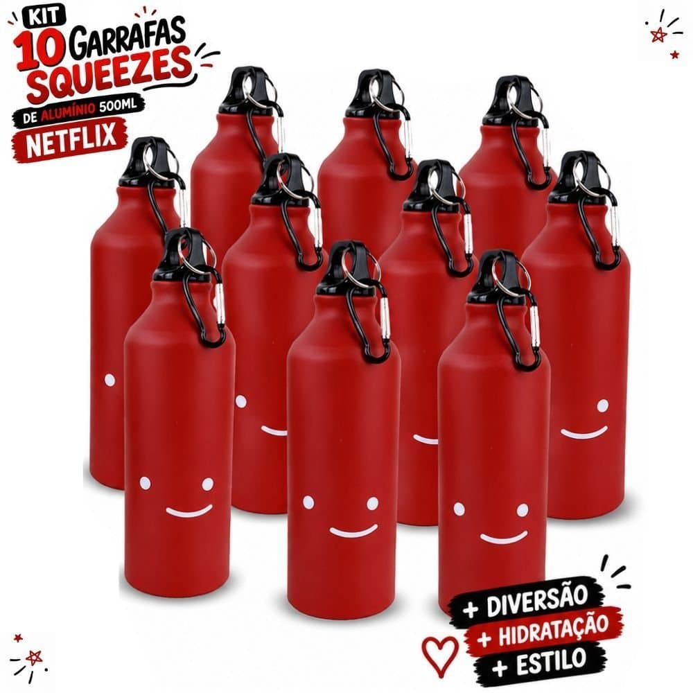 Kit 10 Garrafas Squeezes De Aluminio 500ml Vermelho Netflix