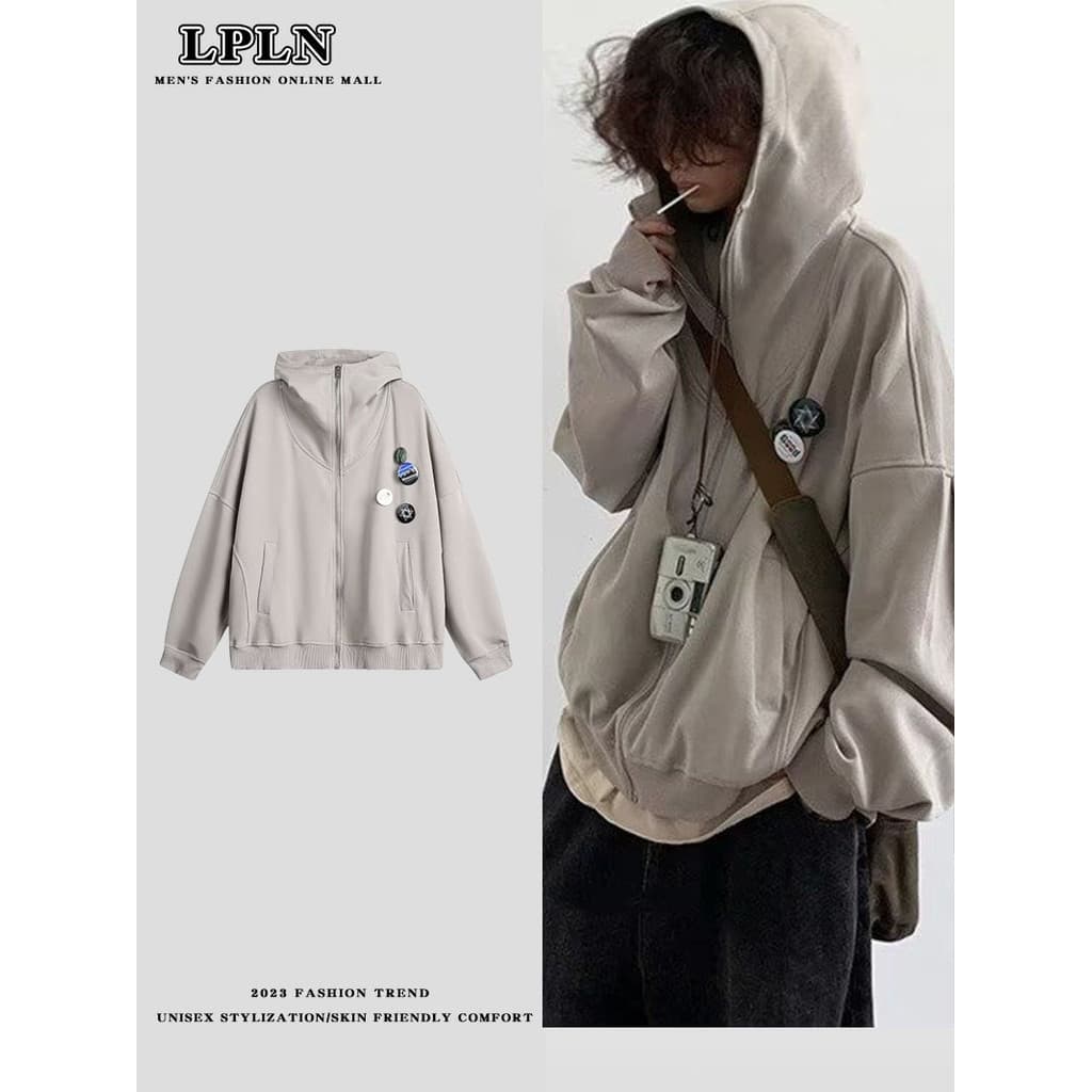LPLN Japonês Retro Perfil Crachá Moletom Com Capuz Homens Mulheres Estilo Preguiçoso Estilo Preppy Básico Zíper Cardigan