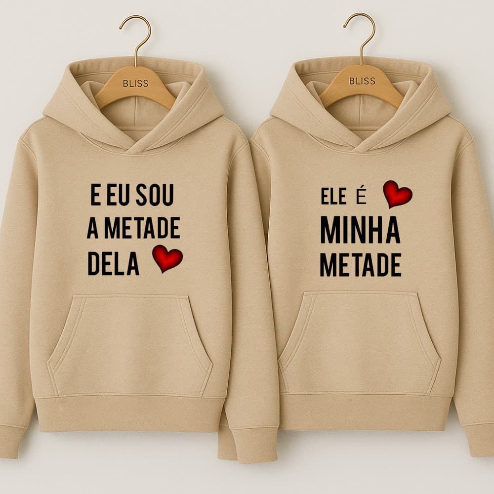 Kit com 2 Moletom Canguru Casal Metade Minha Metade Dele Com Capuz Namorados Fofo Frases