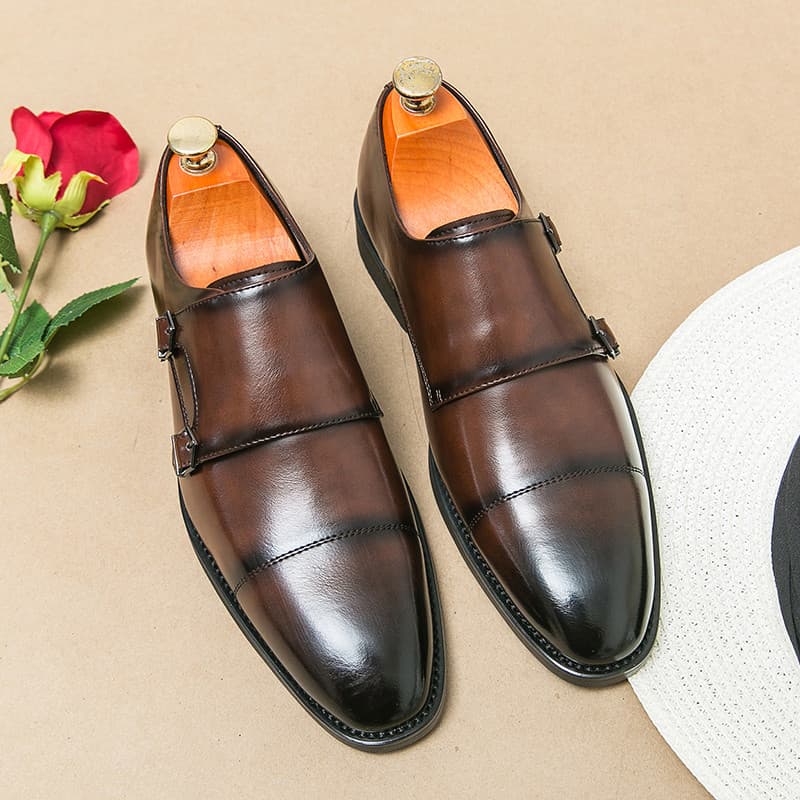 Marrom monge sapatos masculinos fivela dupla britânico apontou Toe aumento interno noivo terno de casamento negócios For