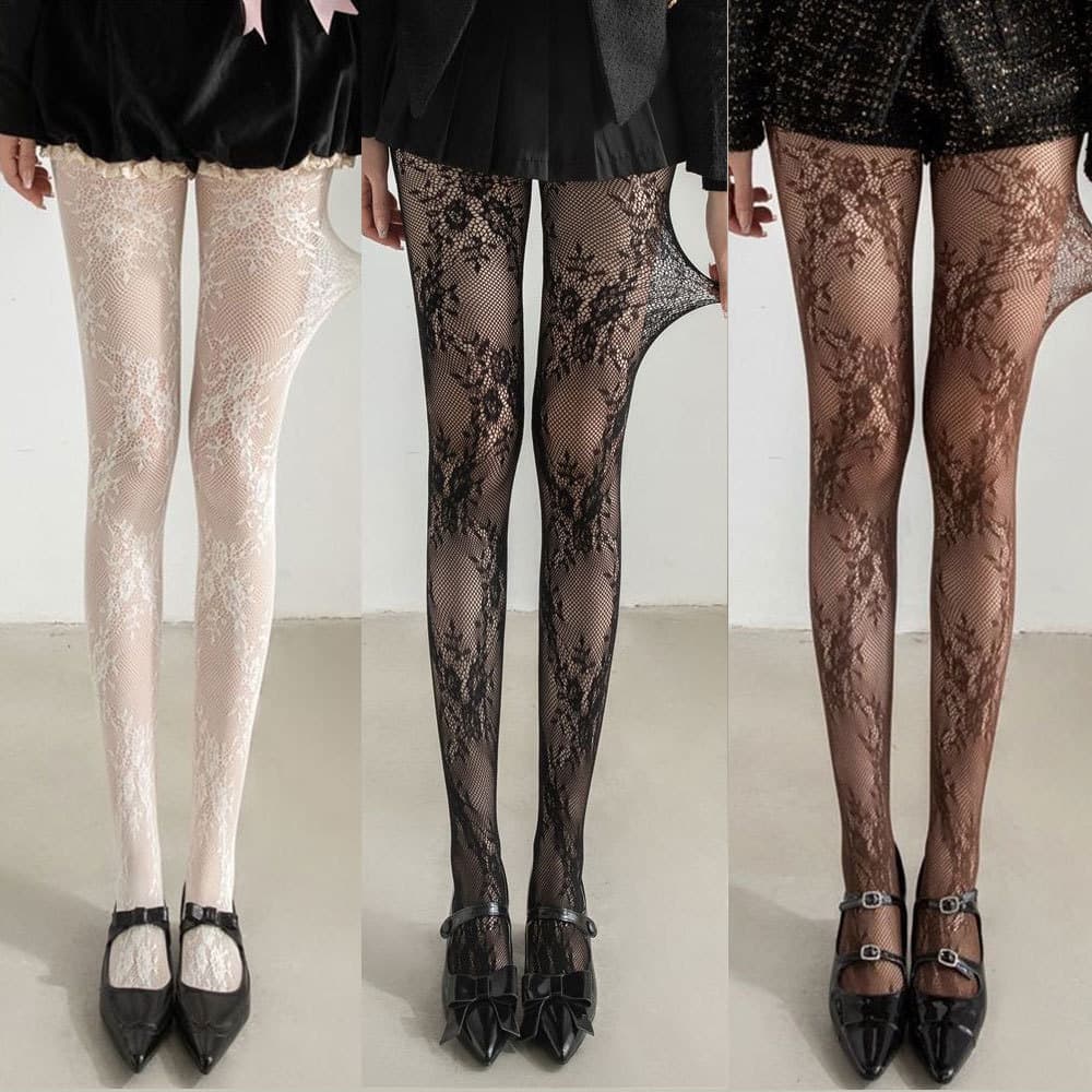 Meias Longas Femininas Meia-Calça Quente Floral Rattan Oco Rendas Malha Francês Retro Lolita INS Estilo Coreano