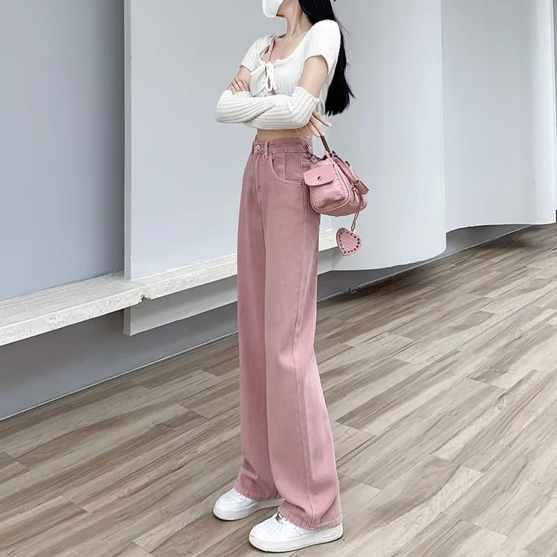 Calças jeans femininas rosa sujo de perna larga, novo estilo de verão, cintura alta, modeladoras, versão estreita, calça