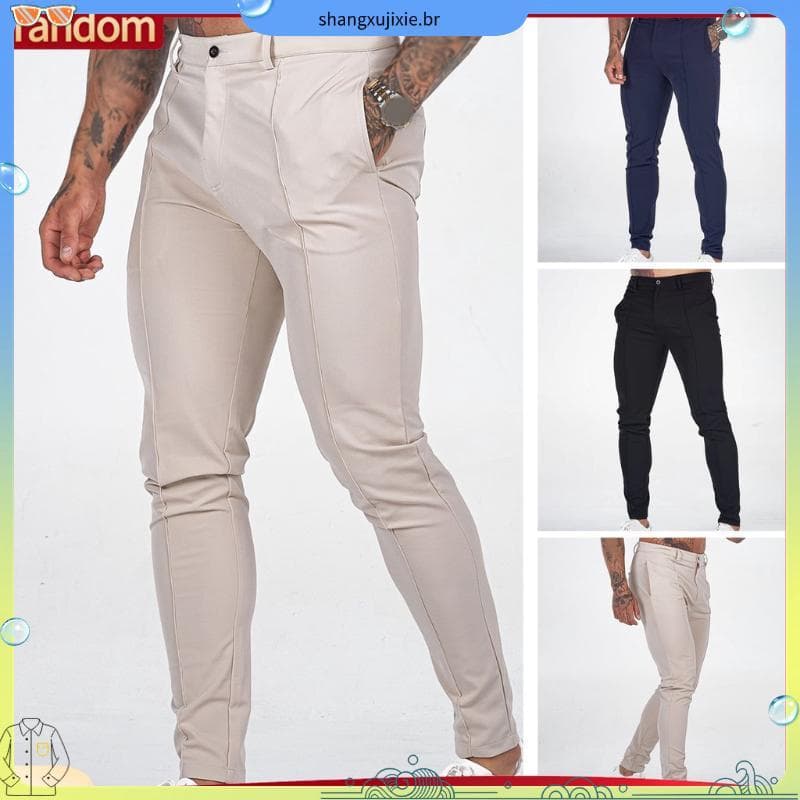 [RAN] Homens E # 39calças Slim Fit , Cor Sólida , Cintura Média , Bolsos Macios Inclinados , Comprimento Do Tornozelo ,
