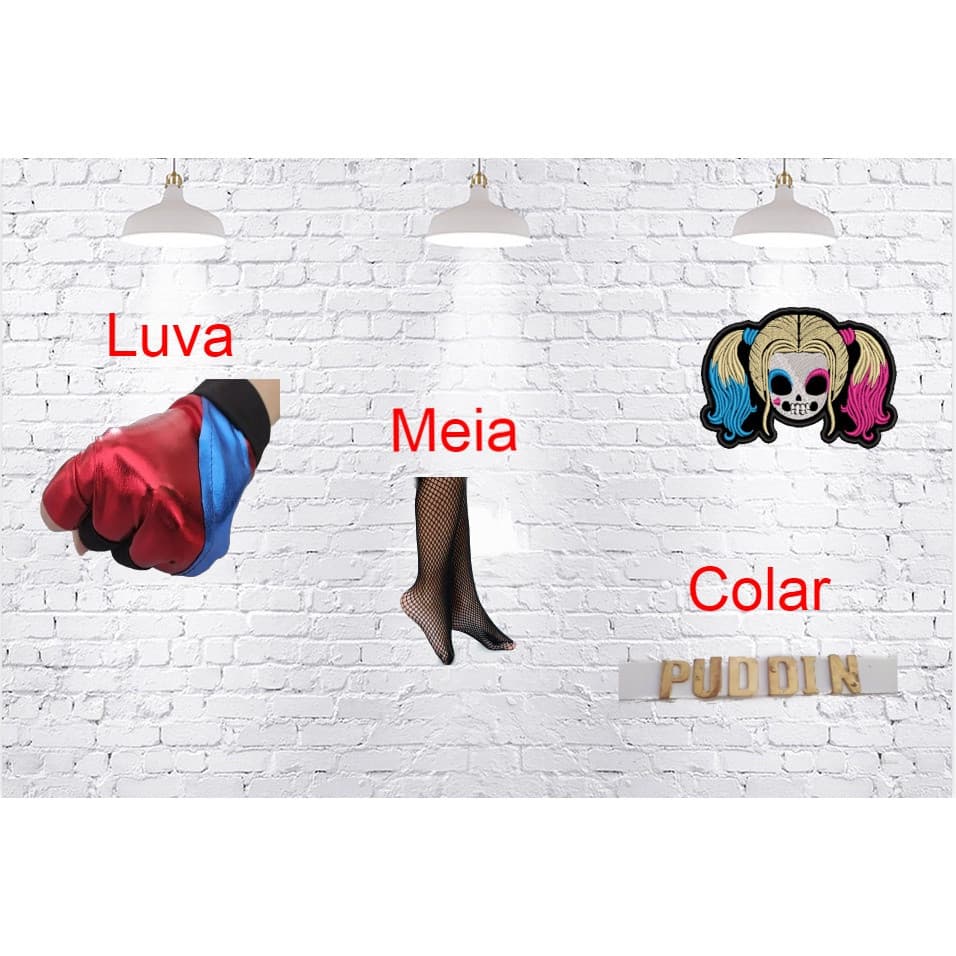 Acessórios Harlequina Meia de Rede + Luva e Colar Cosplay Puddin PK1C