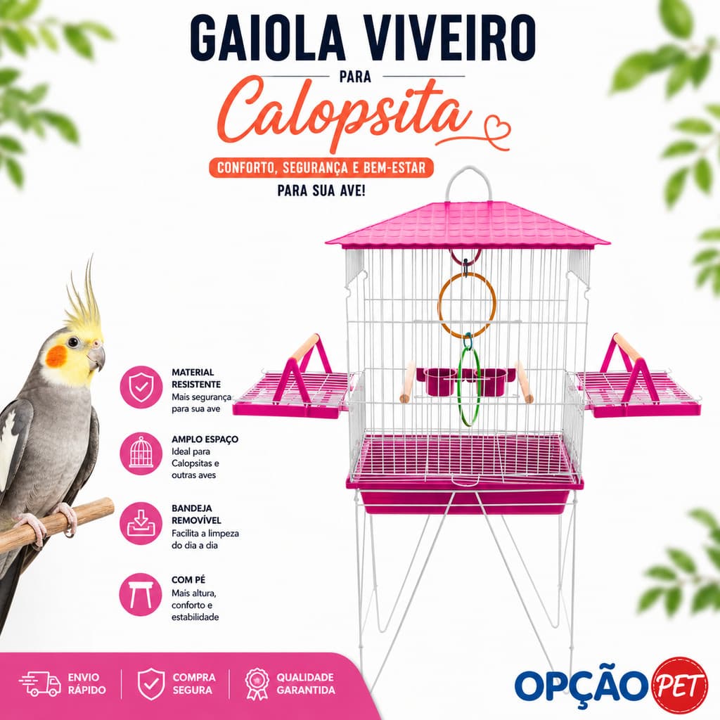 Gaiola Viveiro para calopsita com bandejas laterais + ACESSÓRIO UM JOGO DE ARGOLA COLORIDA mansa teto plástico ROSA