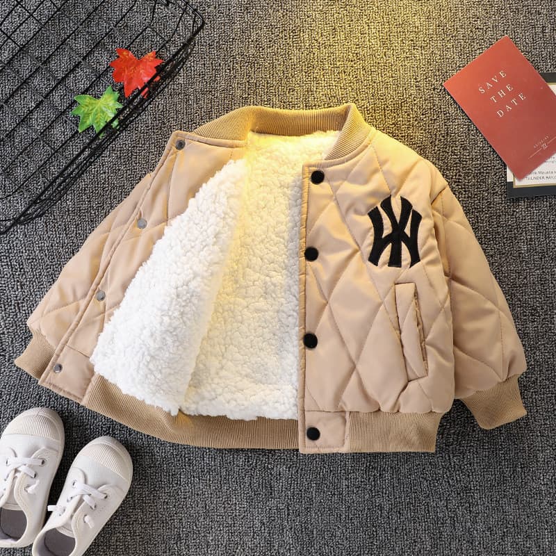 Jaqueta Forrada de Lã para Meninos, para Primavera, Outono e Inverno, Casaco de Algodão Grosso, Estilo Uniforme de Beise