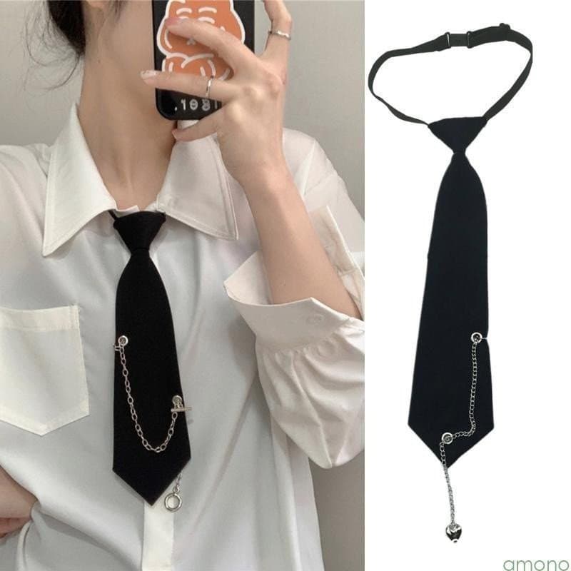 Amon Women Men Gravata Pré-Amarrada Ajustável Corrente Metal Tassel Uniforme Preto