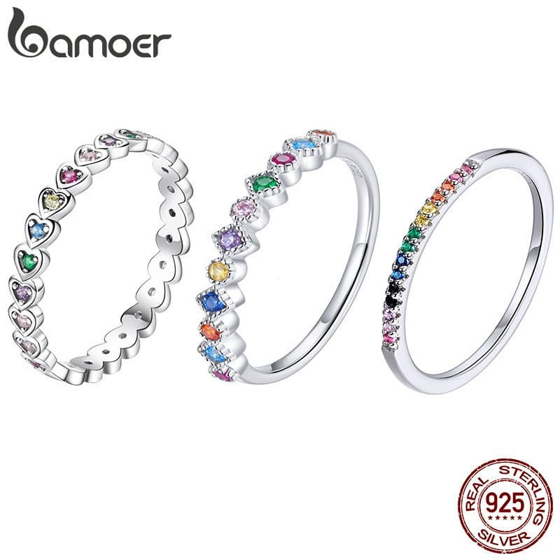 Anel de Zircônia Arco-Íris em Prata Esterlina 925 Bamoer, Joia de Estilo Simples, Ideal como Presente para Mulheres e Me