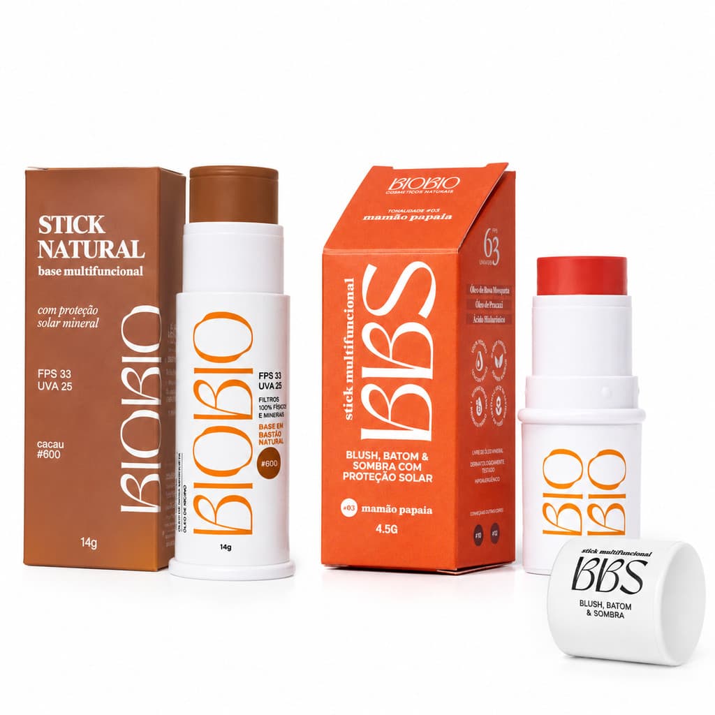 Kit Base Multifuncional Biobio FPS33 Cor Cacau 600 + BBS Mamão Papaia Blush Batom Sombra Proteção Solar