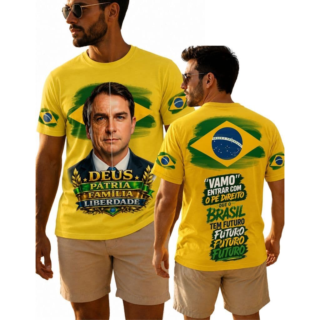Camisa Flávio Bolsonaro Brasil Amarela – Deus, Pátria, Família e Liberdade – Estampa Frente e Costas
