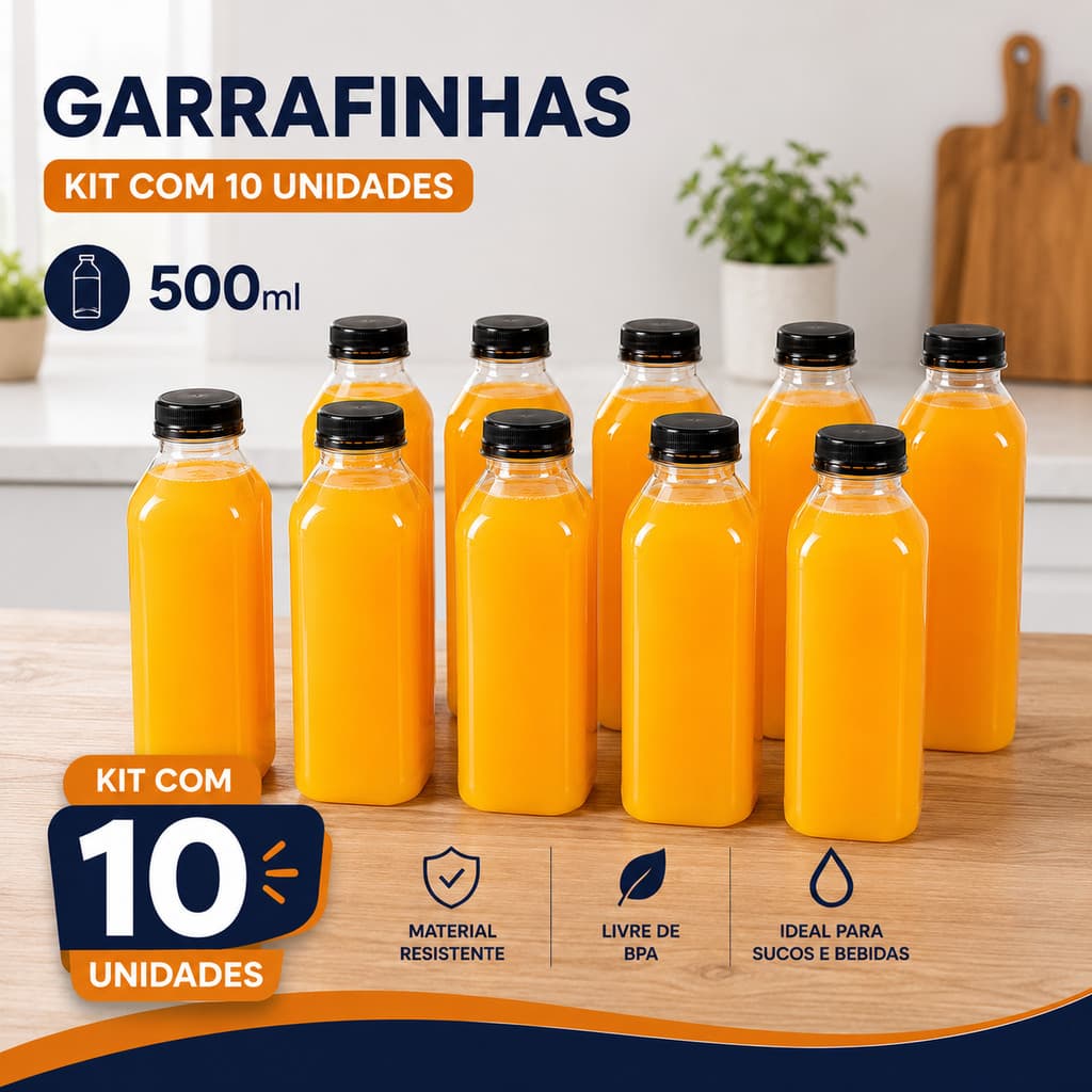 Kit 10 Garrafas PET Tampinha Com Lacre Sucos Açaí Detox 500ml Quadrada