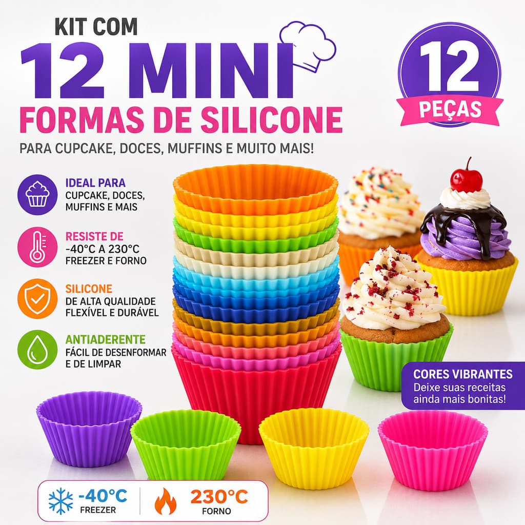 Kit 12 Mini Formas Silicone Cupcake Bolinhos e Sobremesas