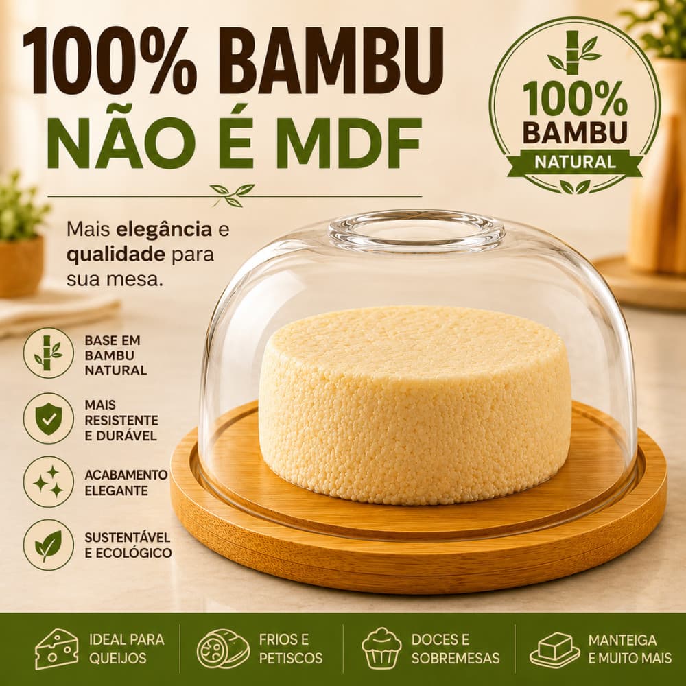 Porta Queijo Queijeira Bambu Com Tampa Mantegueira 18cm X 8cm Em Acrílico Mesa Posta