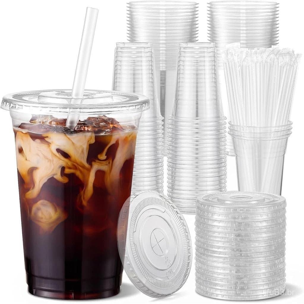 VITEVER [100 Conjuntos-16 Onças] Copos De Plástico Transparente Com Tampas E Canudos , Xícaras De Café Gelado Descartáve