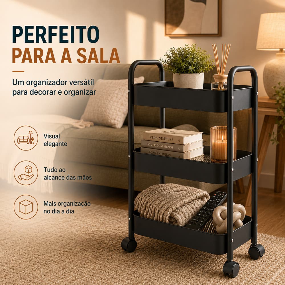 Carrinho Organizador 3 Prateleiras Metal , Rodízios Giratórios 360°, Alças Laterais,  Cozinha, Escritório E