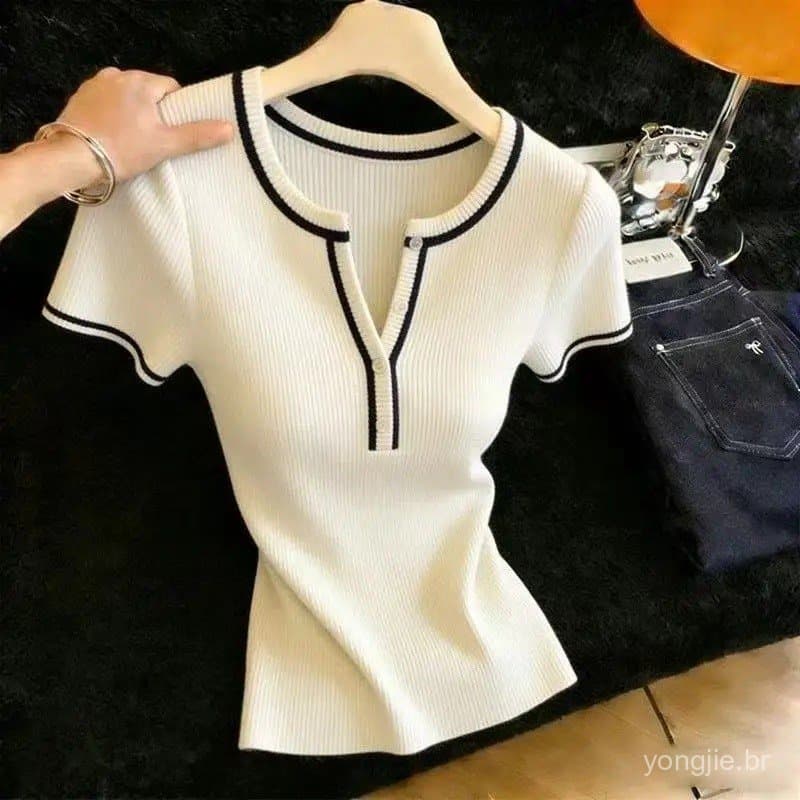 Suéteres de Tricô com Decote Redondo para Mulheres, Pulôveres de Verão de Manga Curta, Suéteres de Tricô Femininos, Tops