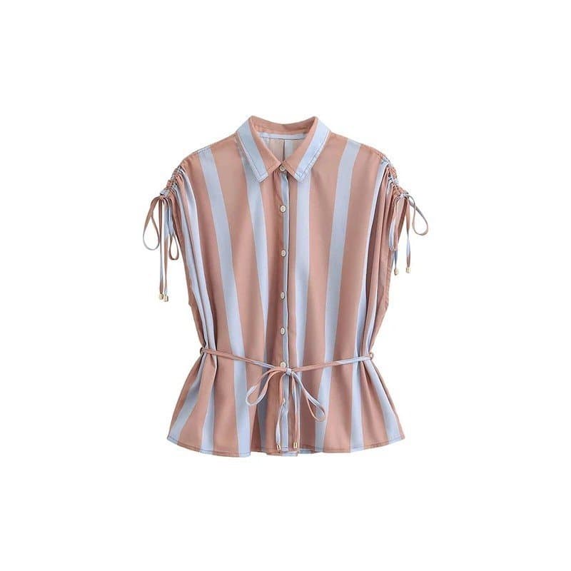 Camisa Sem Mangas para Mulheres TFMLN com Gola de Lapela, Listras, Botões Frontais e Detalhe de Amarração, Top Casual de