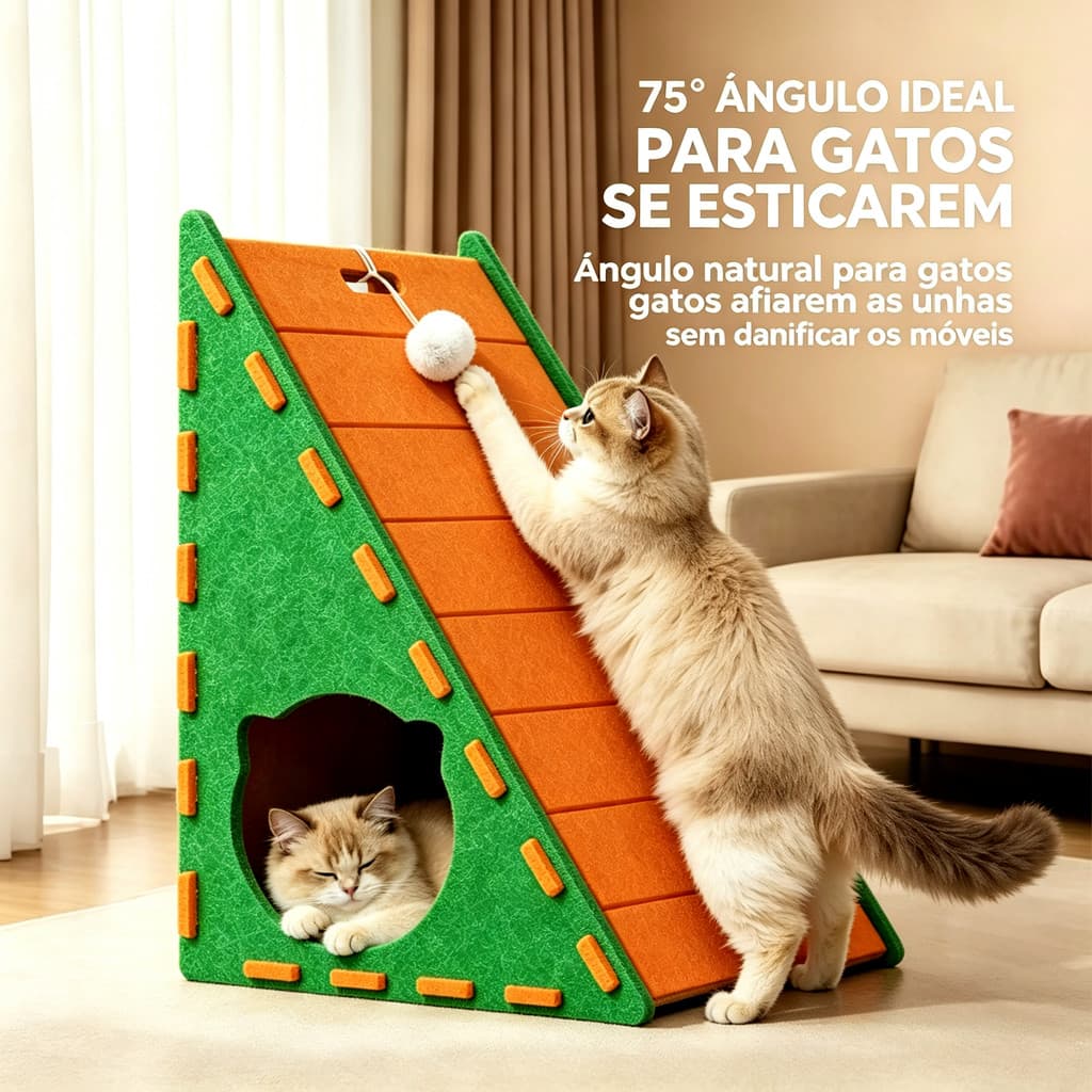 Arranhador Triangular de Feltro 3 em 1 Abrigo para Gatos Resistente Sem Fiapos Protege Móveis com Bola de Brinquedo
