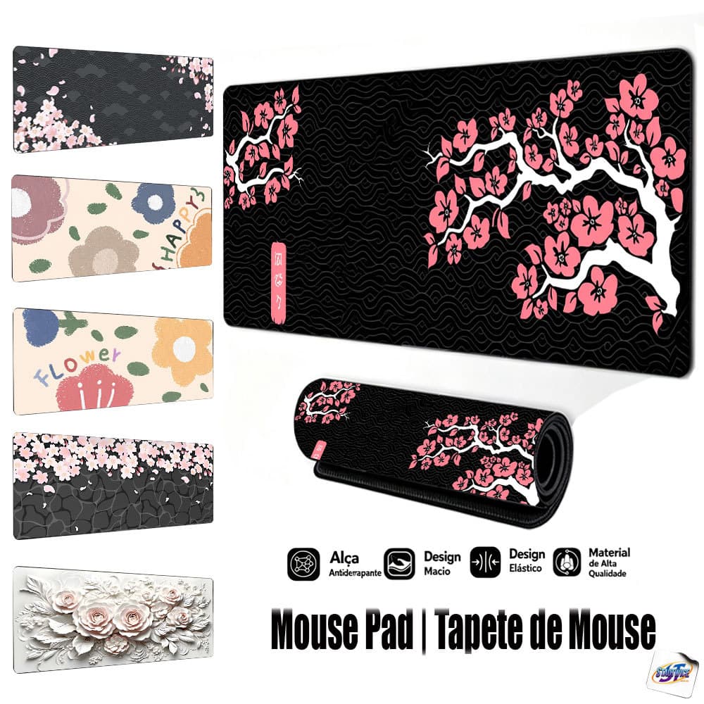 Mouse Pad Gamer Tapete de Mouse 80x30cm Floral Variada, Base de Borracha Antiderrapante Borda Costurada FPS Escritório