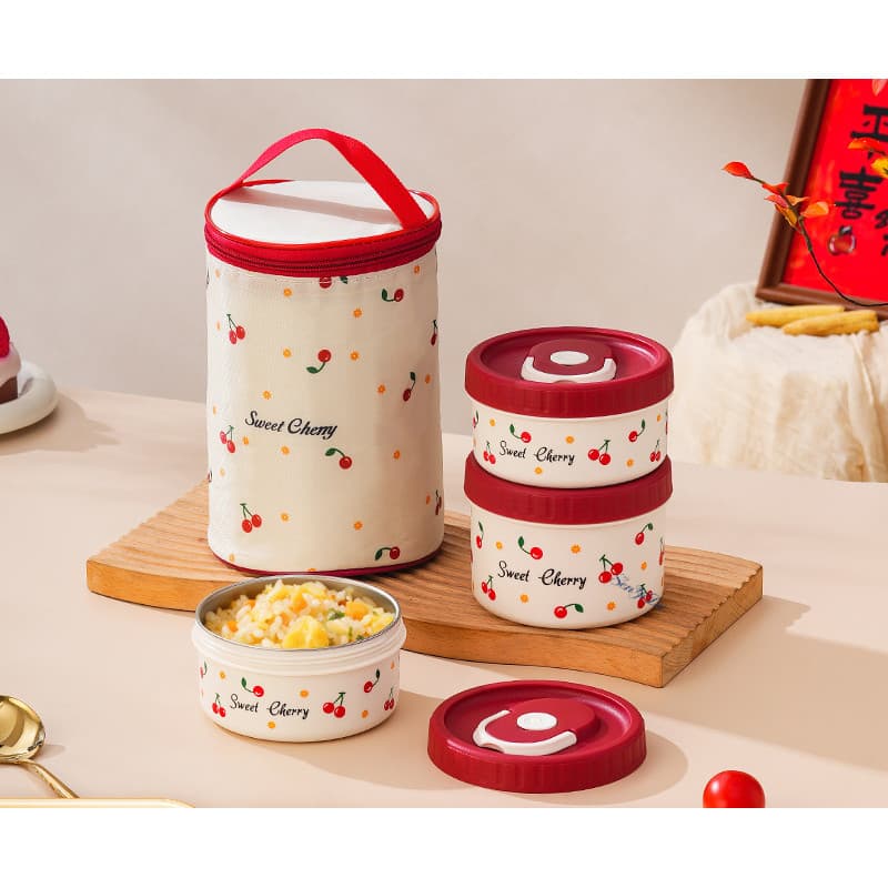 Pote térmico portátil com estampa de cereja, vasilha de refeição com interior de aço inoxidável 304 e bolsa isolante